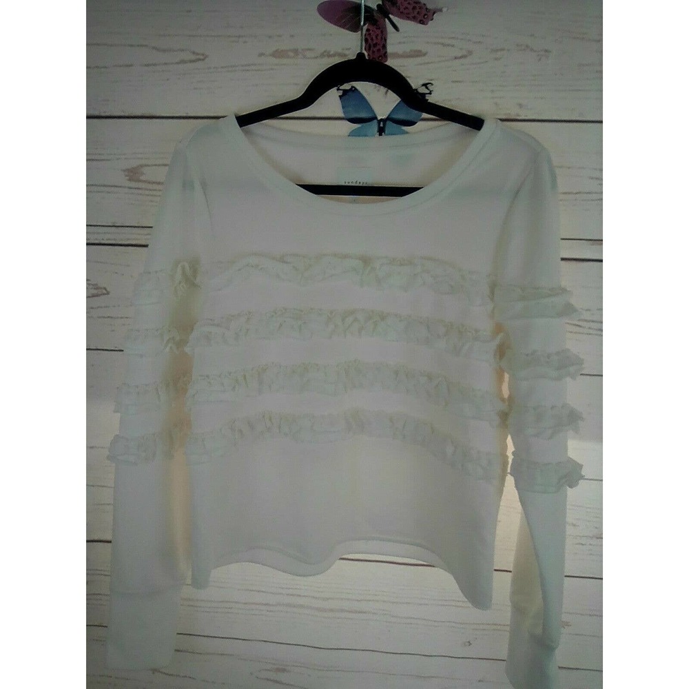 NWT SUNDAYS TWO Ruffled White Sweatshirt Size S/M